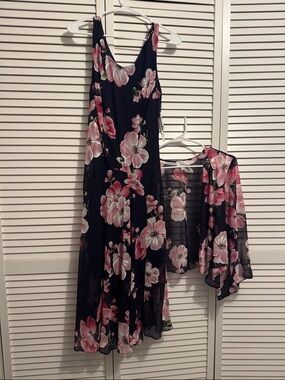 Signature by Robbie Bee Black Maxi Dress with Pink Floral Print